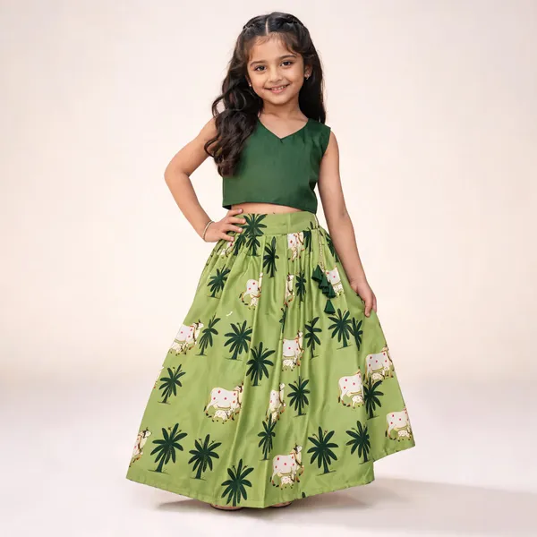 Green_Rayon_Flared_Printed_Lehenga_Choli_Set_For_Girls