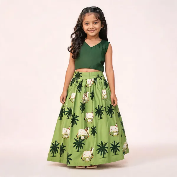 Green_Rayon_Flared_Printed_Lehenga_Choli_Set_For_Girls