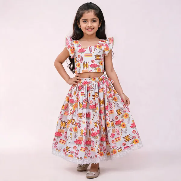 White_Rayon_Floral_Print_Flared_Skirt_Set_For_Girls