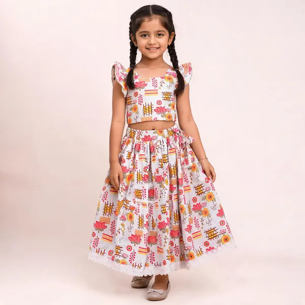 White_Rayon_Floral_Print_Flared_Skirt_Set_For_Girls