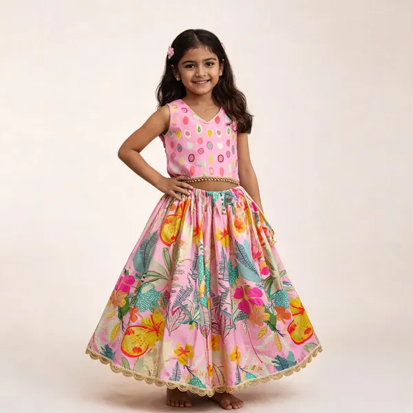 Pink_Rayon_Floral_Print_Flared_Lehenga_Choli_Set_For_Girls
