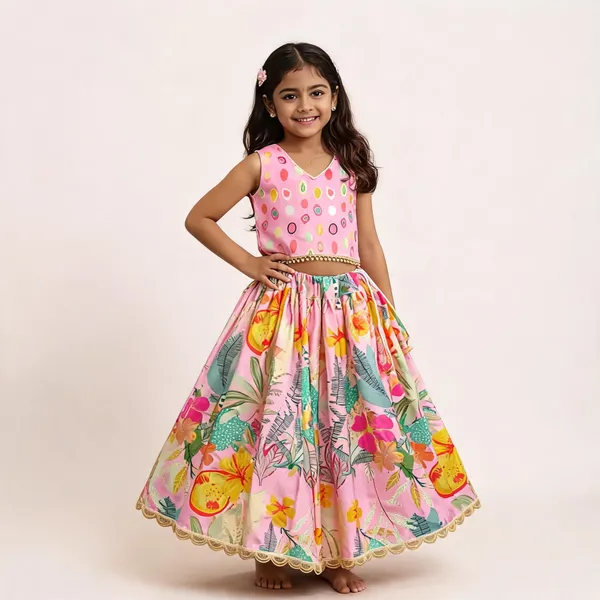 Pink_Rayon_Floral_Print_Flared_Lehenga_Choli_Set_For_Girls