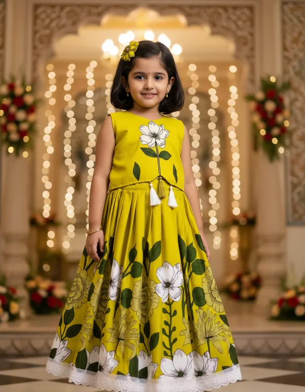 Yellow_Rayon_Floral_Print_Sleeveless_Lehenga_Choli_Set_For_Girls