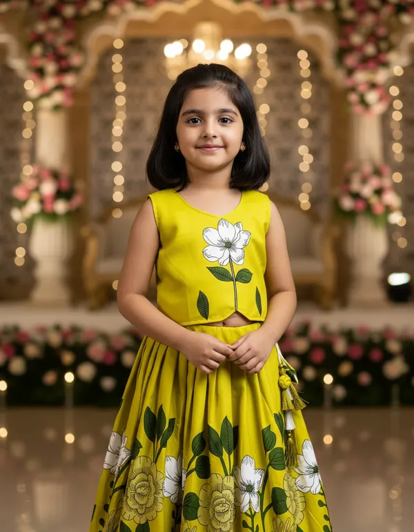 Yellow_Rayon_Floral_Print_Sleeveless_Lehenga_Choli_Set_For_Girls