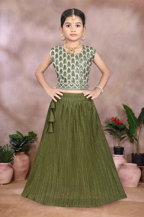 Olive_Green_Georgette_Flared_Lehenga_Choli_Set_For_Girls