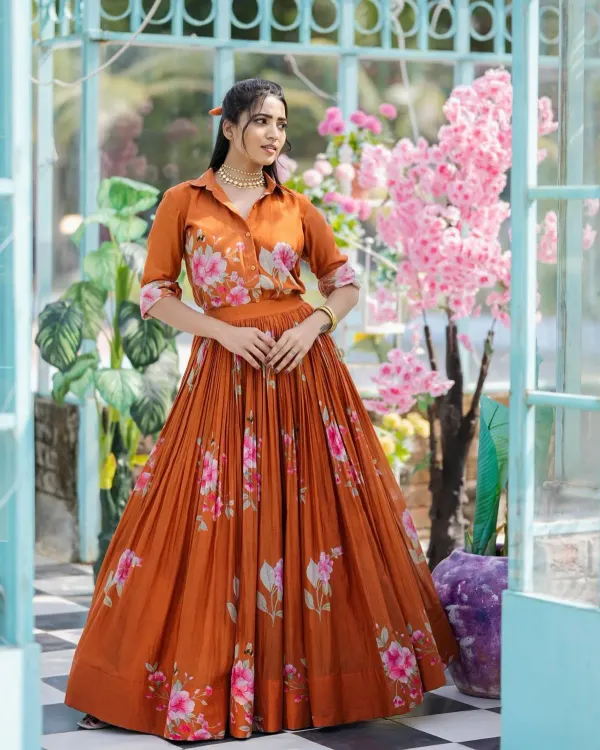 Rust_Orange_Viscose_Chanderi_Floral_Print_Shirt_Lehenga_Set_For_Women