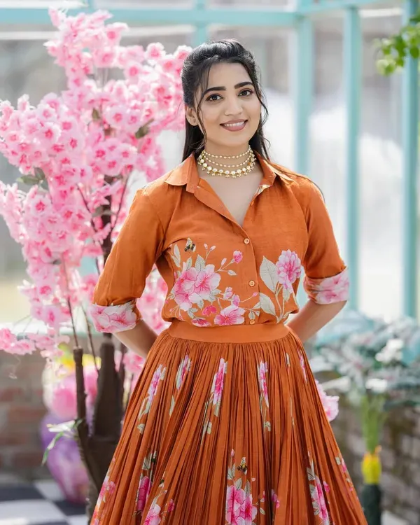 Rust_Orange_Viscose_Chanderi_Floral_Print_Shirt_Lehenga_Set_For_Women