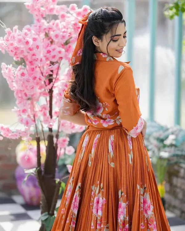 Rust_Orange_Viscose_Chanderi_Floral_Print_Shirt_Lehenga_Set_For_Women