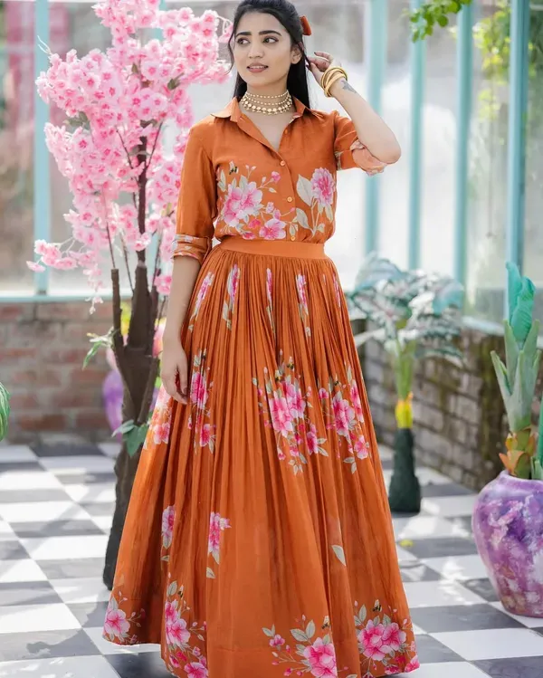 Rust_Orange_Viscose_Chanderi_Floral_Print_Shirt_Lehenga_Set_For_Women