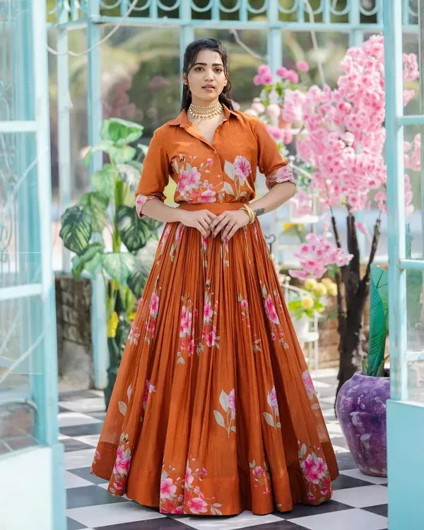 Rust_Orange_Viscose_Chanderi_Floral_Print_Shirt_Lehenga_Set_For_Women