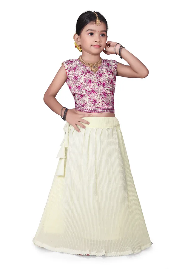 Cream_Georgette_Floral_Print_Flared_Lehenga_Choli_Set_For_Girls