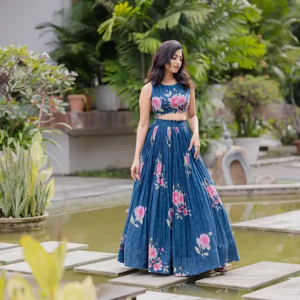 Navy_Blue_Georgette_Floral_Print_Sleeveless_Crop_Top_Lehenga_Set_For_Women