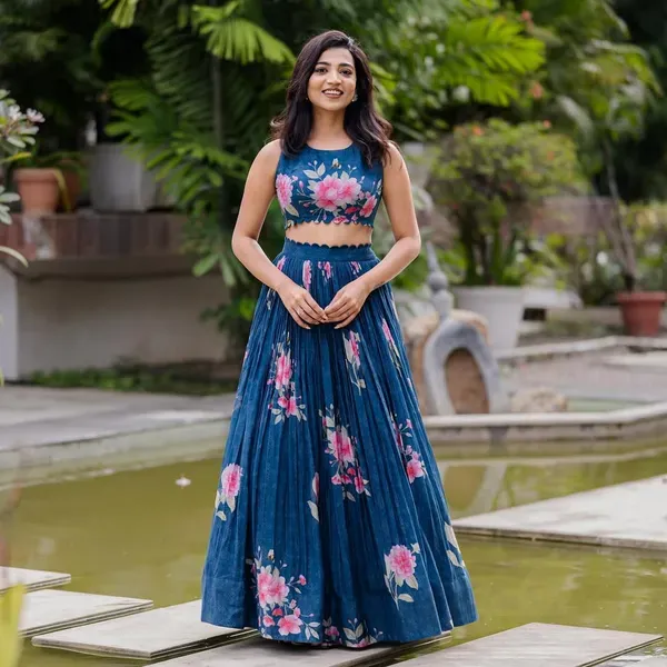 Navy_Blue_Georgette_Floral_Print_Sleeveless_Crop_Top_Lehenga_Set_For_Women