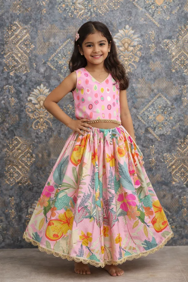 Pink_Rayon_Floral_Print_Flared_Lehenga_Choli_Set_For_Girls