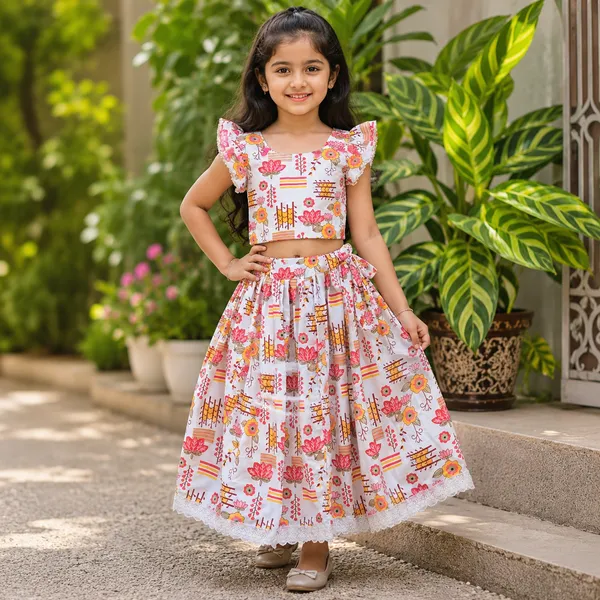 White_Rayon_Floral_Print_Flared_Skirt_Set_For_Girls