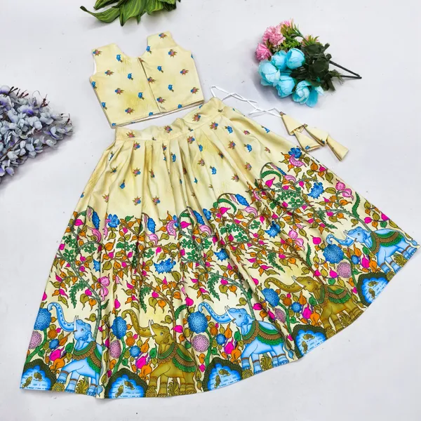 Yellow_Rayon_Floral_Print_Flared_Lehenga_Choli_Set_For_Girls