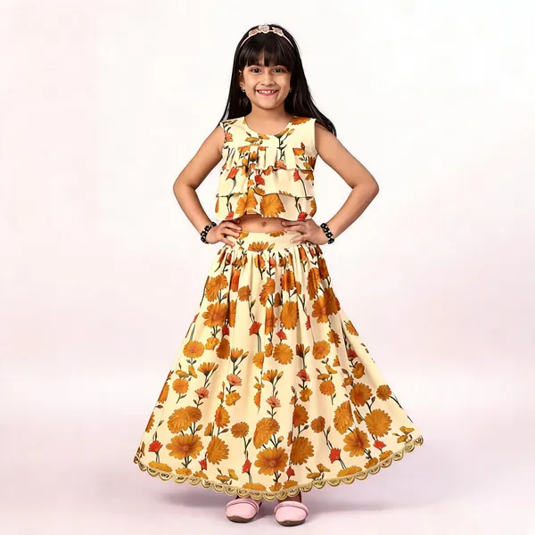 Cream_Rayon_Floral_Print_Sleeveless_Lehenga_Choli_Set_For_Girls
