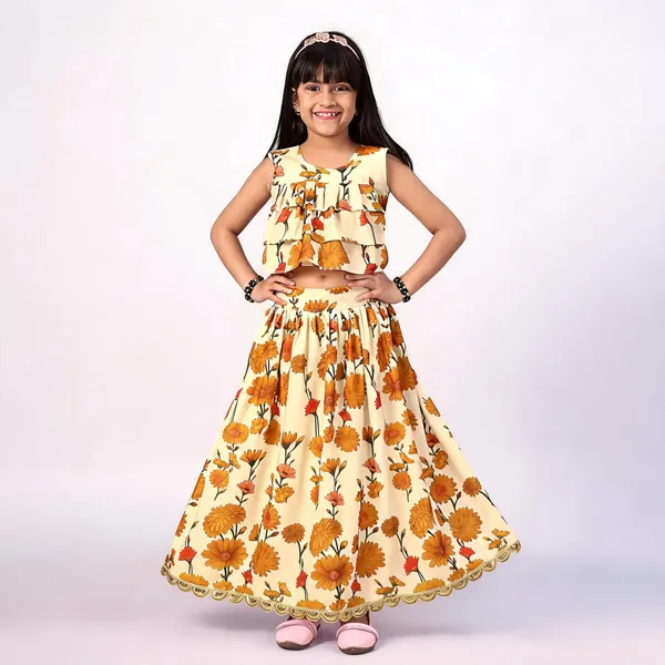 Cream_Rayon_Floral_Print_Sleeveless_Lehenga_Choli_Set_For_Girls