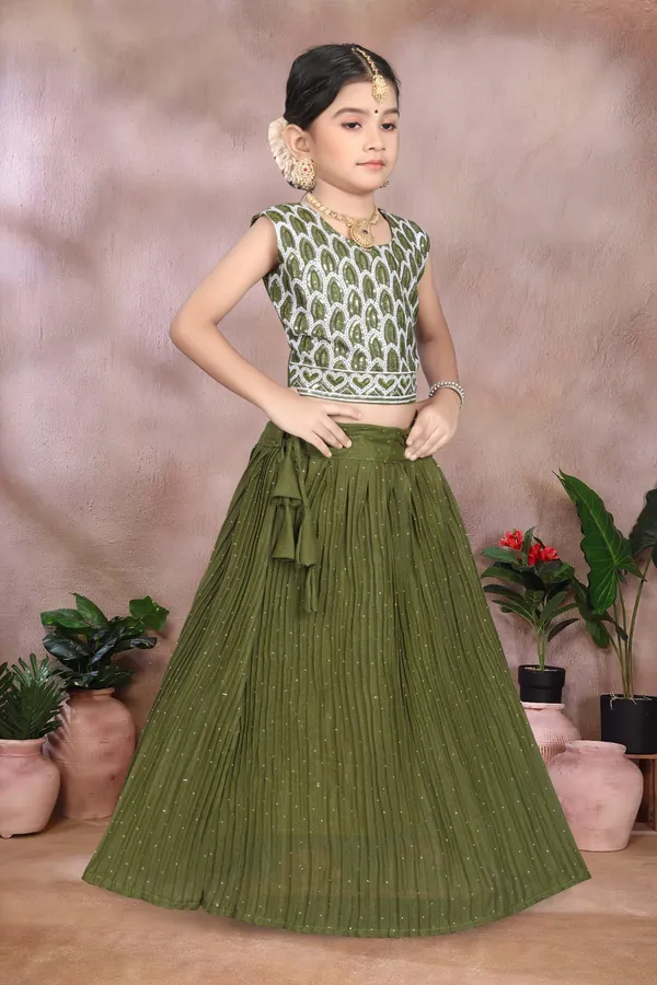 Olive_Green_Georgette_Flared_Lehenga_Choli_Set_For_Girls