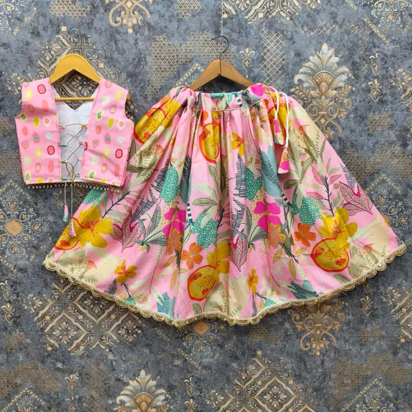 Pink_Rayon_Floral_Print_Flared_Lehenga_Choli_Set_For_Girls