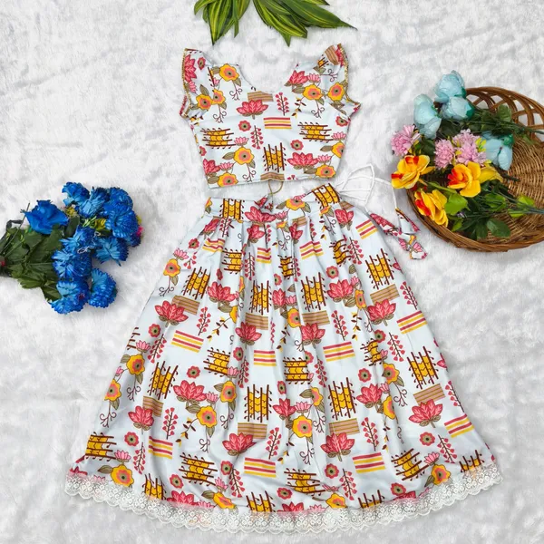 White_Rayon_Floral_Print_Flared_Skirt_Set_For_Girls