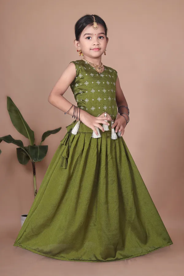 Olive_Green_Georgette_Floral_Print_Flared_Lehenga_Choli_Set_For_Girls