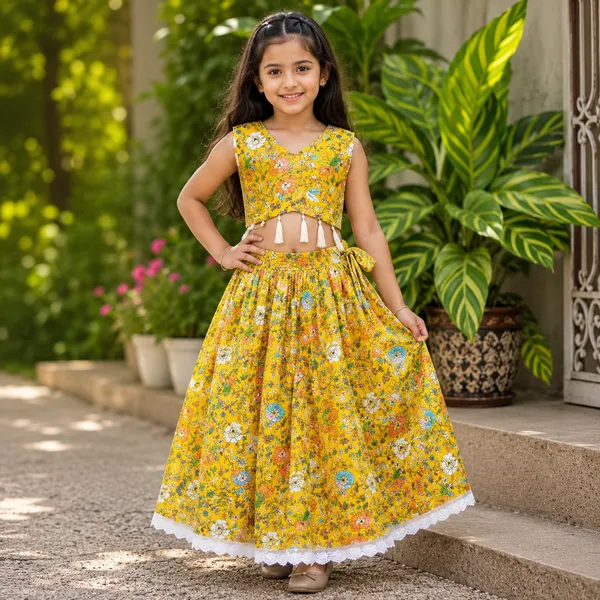 Yellow_Rayon_Floral_Print_Sleeveless_Lehenga_Choli_Set_For_Girls