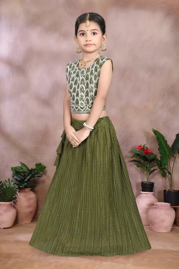 Olive_Green_Georgette_Flared_Lehenga_Choli_Set_For_Girls