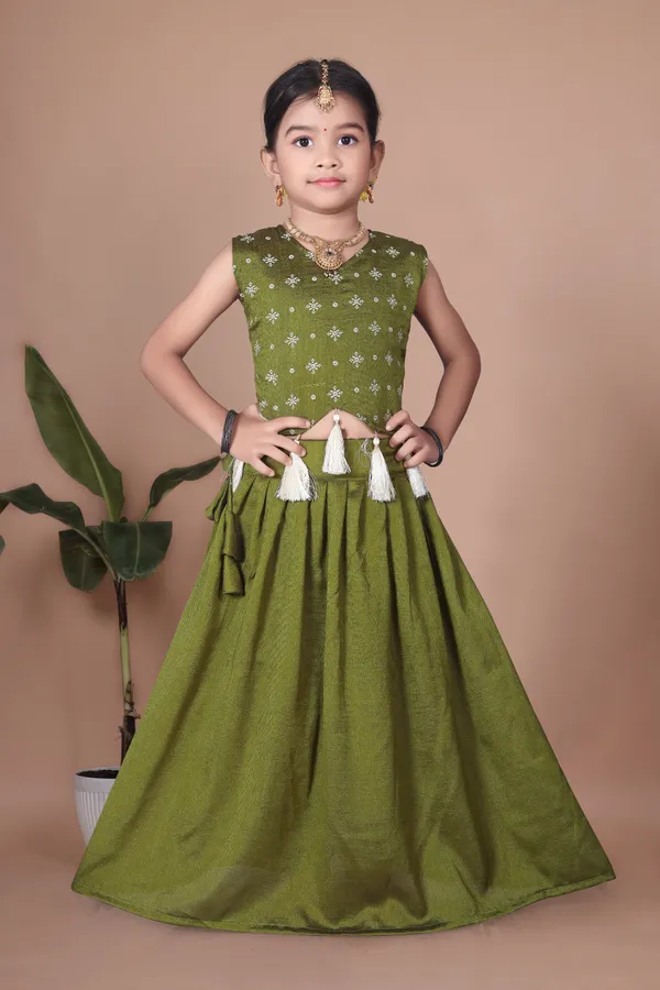 Olive_Green_Georgette_Floral_Print_Flared_Lehenga_Choli_Set_For_Girls