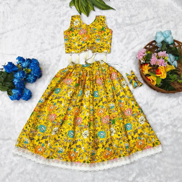 Yellow_Rayon_Floral_Print_Sleeveless_Lehenga_Choli_Set_For_Girls