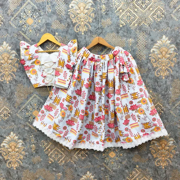 White_Rayon_Floral_Print_Flared_Skirt_Set_For_Girls