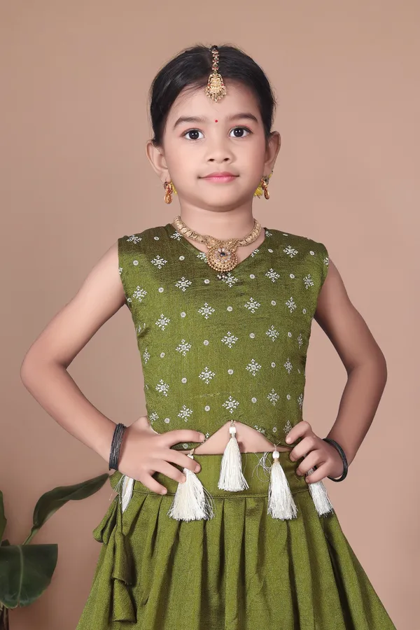 Olive_Green_Georgette_Floral_Print_Flared_Lehenga_Choli_Set_For_Girls