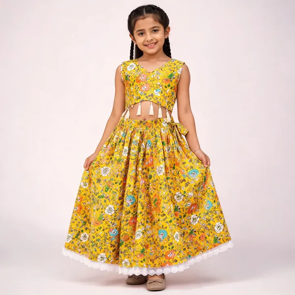 Yellow_Rayon_Floral_Print_Sleeveless_Lehenga_Choli_Set_For_Girls