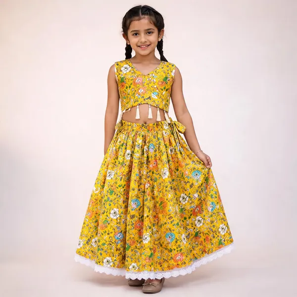 Yellow_Rayon_Floral_Print_Sleeveless_Lehenga_Choli_Set_For_Girls