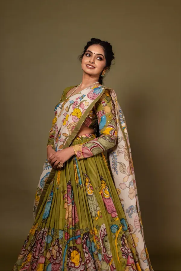 Cream_Silk_Kalamkari_Printed_Lehenga_Set_For_Women