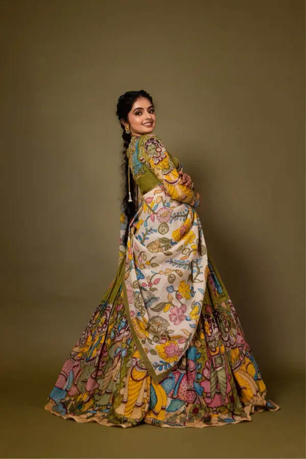Cream_Silk_Kalamkari_Printed_Lehenga_Set_For_Women