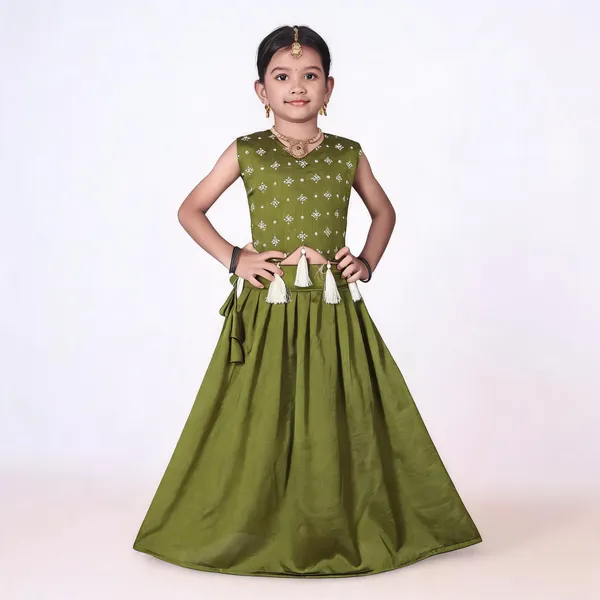 Olive_Green_Georgette_Floral_Print_Flared_Lehenga_Choli_Set_For_Girls
