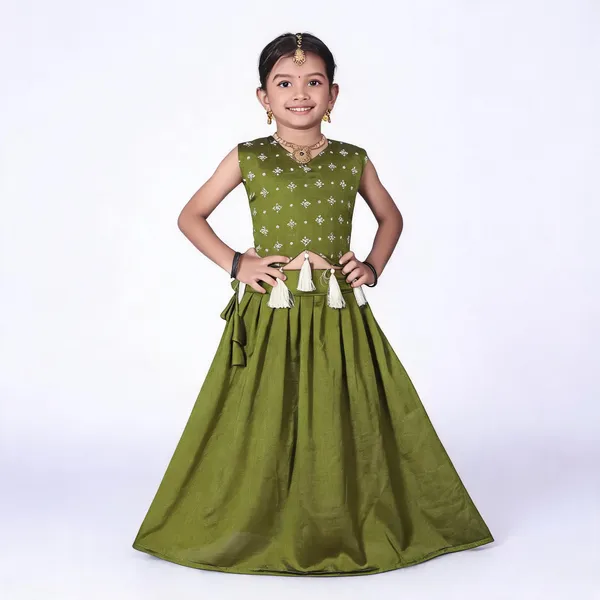 Olive_Green_Georgette_Floral_Print_Flared_Lehenga_Choli_Set_For_Girls