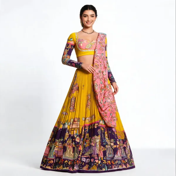 Yellow_Silk_Kalamkari_Printed_Lehenga_Choli_Set_For_Women