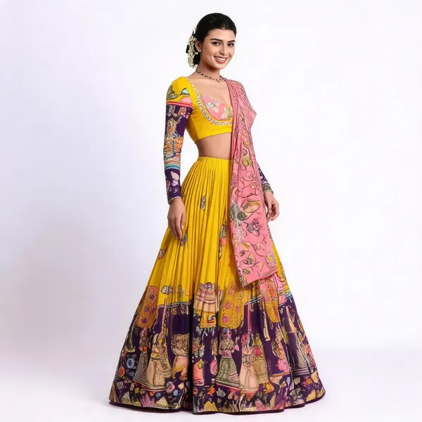 Yellow_Silk_Kalamkari_Printed_Lehenga_Choli_Set_For_Women