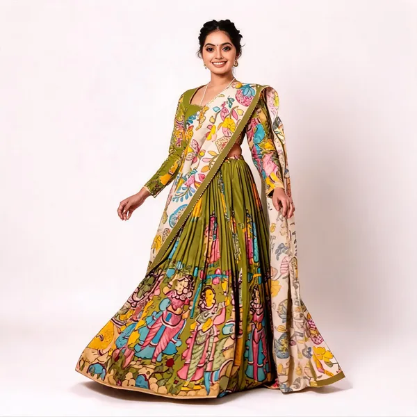 Cream_Silk_Kalamkari_Printed_Lehenga_Set_For_Women
