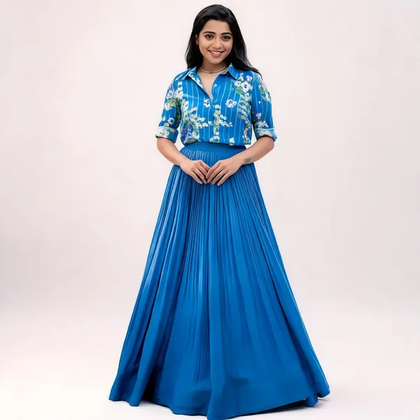 Royal_Blue_Georgette_Floral_Print_Shirt_Pleated_Lehenga_Set_For_Women