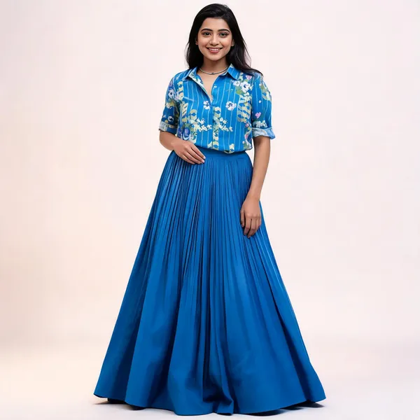 Royal_Blue_Georgette_Floral_Print_Shirt_Pleated_Lehenga_Set_For_Women