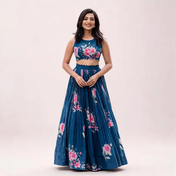 Navy_Blue_Georgette_Floral_Print_Sleeveless_Crop_Top_Lehenga_Set_For_Women