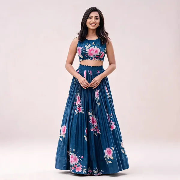 Navy_Blue_Georgette_Floral_Print_Sleeveless_Crop_Top_Lehenga_Set_For_Women