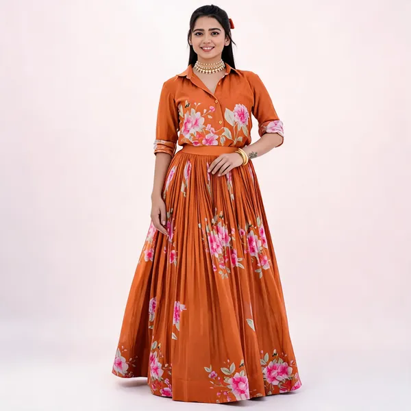 Rust_Orange_Viscose_Chanderi_Floral_Print_Shirt_Lehenga_Set_For_Women