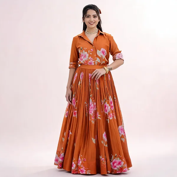 Rust_Orange_Viscose_Chanderi_Floral_Print_Shirt_Lehenga_Set_For_Women