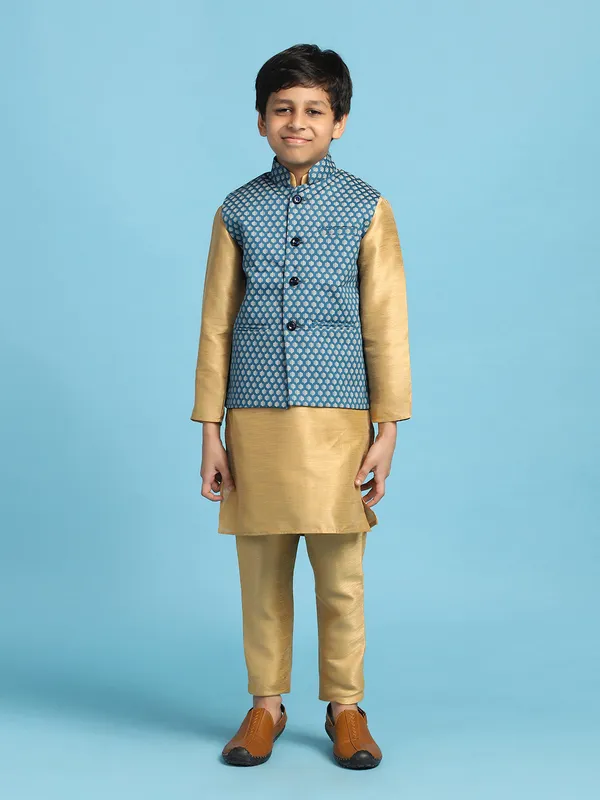 Blue_Printed_Jacket_With_Golden_Dupion_Kurta_Set_Blue