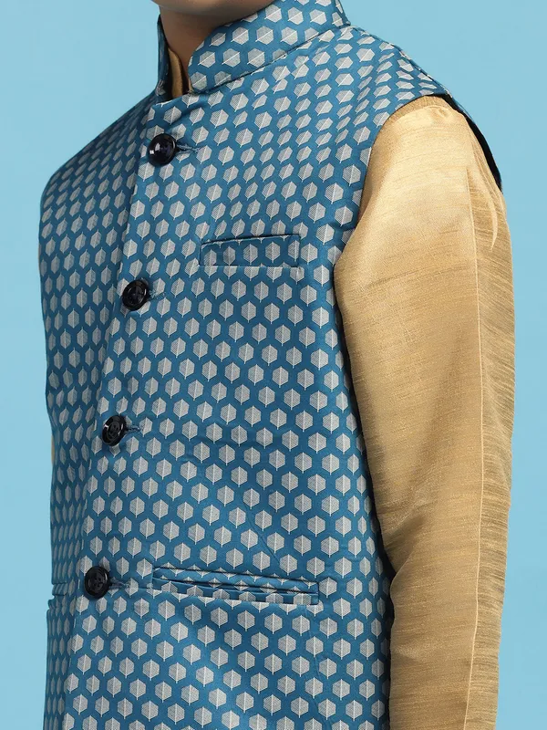 Blue_Printed_Jacket_With_Golden_Dupion_Kurta_Set_Blue