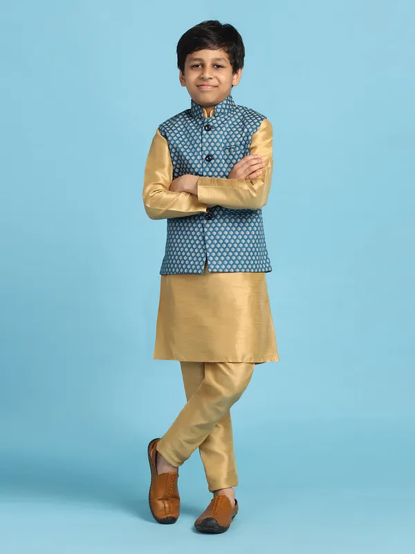 Blue_Printed_Jacket_With_Golden_Dupion_Kurta_Set_Blue